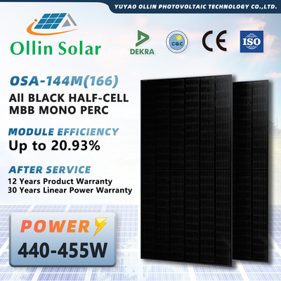 Full Black 440W 445W 450W 455W 460W Bảng điều khiển năng lượng mặt trời Tấm năng lượng mặt trời đơn tinh thể Tấm năng lượng mặt trời nửa tế bào Bộ bảng điều khiển năng lượng mặt trời cho gia đình